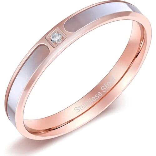 EAMTI Womens Rose Gold Stainless Steel Wedding Ring with White Symphony Case Inlaid Zircon Engagement Ring
