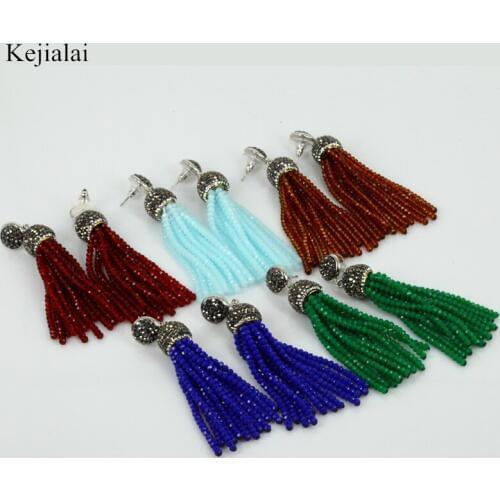 Original Handmade Bohemia Wire Red Green Blue Brown Beads Long Tassel Drop Dangle Black Rhinestone Connector Earrings For Women