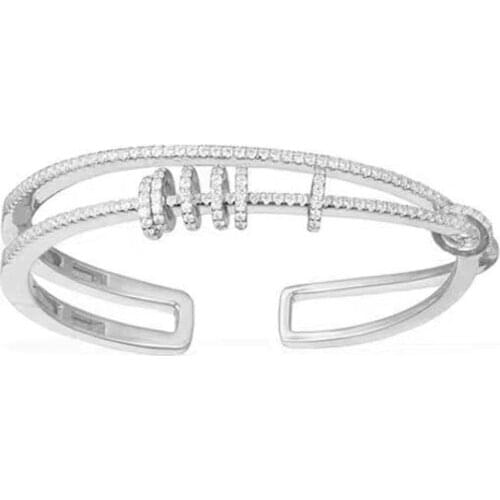 SLJELY Real 925 Sterling Silver Double Circles Open Cuff Bangle with Sliding Rings Cubic Zirconia Bracelet Women Luxury Jewelry