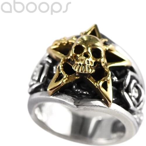 Punk 925 Sterling Silver Five Star Ring,Skull Ring with Rose for Men Boys,Size 8-11.5,Two Tone,Free Shipping