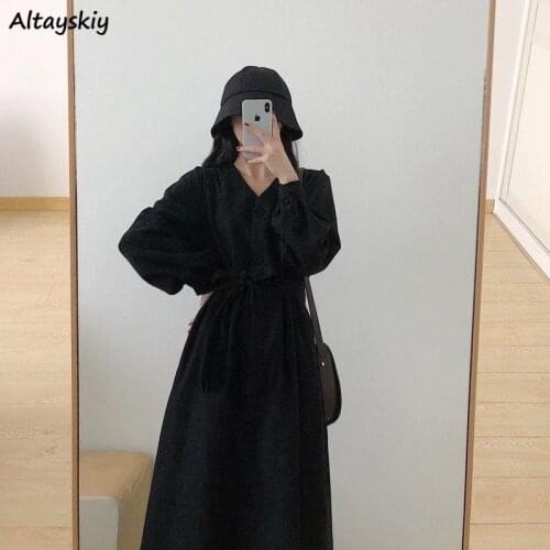 Dress Women Vintage V-neck Corduroy Elegant Minimalist Female Oversize Trendy Autumn New High Quality Cozy Ins Korean Style Chic