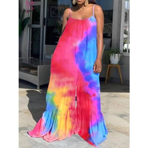 Plus Size 4XL 5XL Jumpsuit Women Flared Long Pants Tie Dye Printed Rompers One Piece Loose Beach Holiday Playsuit Outfits 2021