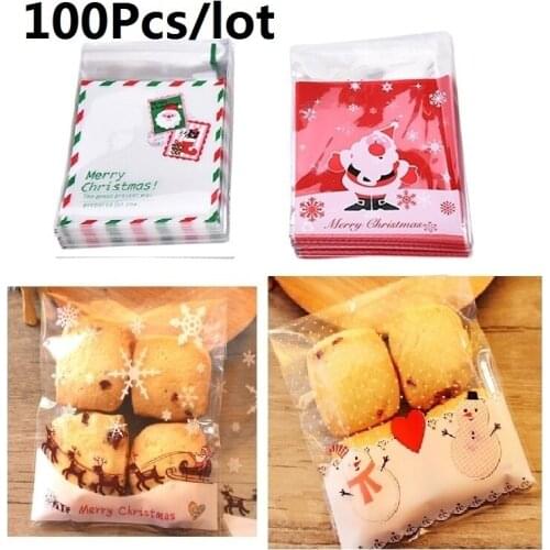 100Pcs Christmas Santa Claus Moose Snowman Self-adhesive Cookie Packaging Bags for Biscuits Snack Gift Wrap