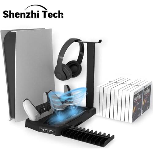Cooling Station for PS5 Console Vertical Stand PS5 Controller Charging Station Dock with Earphone shelf Digital Edition/Ultra HD