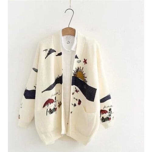 Mori Girl Autumn Beige Khaki Anime Sweater Japanese Cute Knit Cardigan Overcoats Kawaii Full Sleeve Loose Cartoon Sweaters Knit