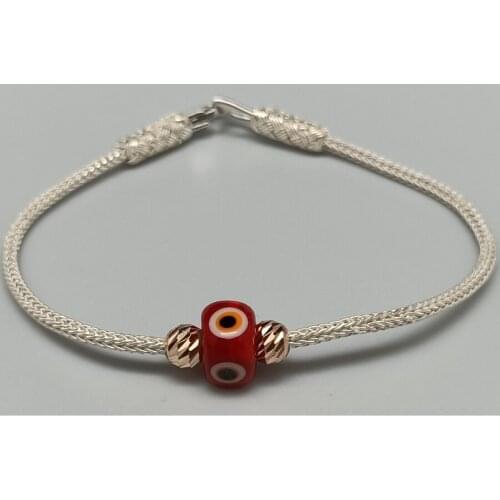 Trabzon Kazaz Wristband (Bracelet) single chain hand-knitted 1000 sterling silver with the Red evil eye bead Great Love Gift
