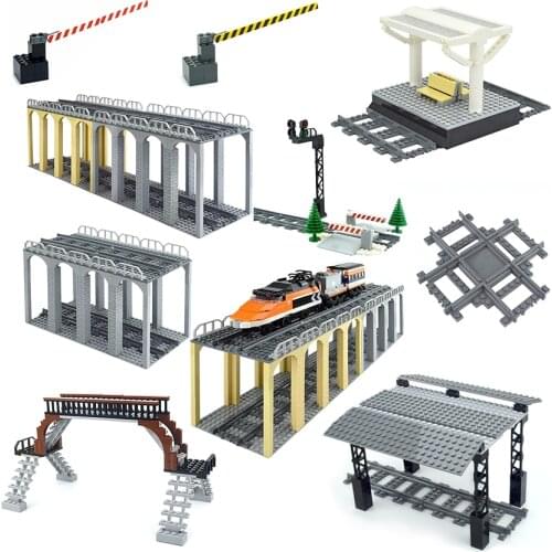 City Train Tracks Train Station Bricks Mini signs signal lights Model Trein Track Rails Straight Curved Railways Building Blocks