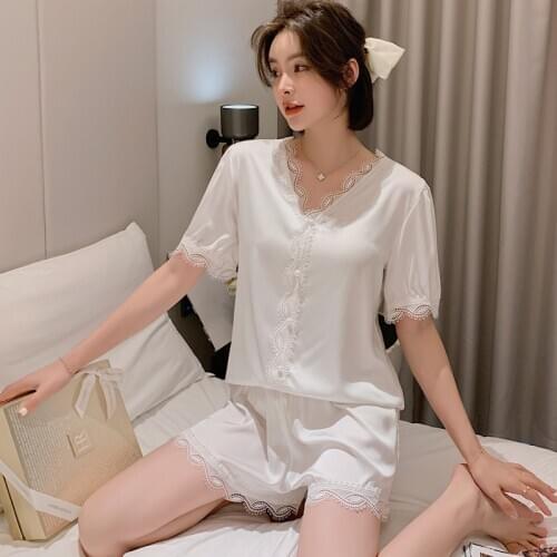 Spring And Summer Simulation Silk Pajamas Suit Ladies Ice Silk Sleepwear Home Service Beautiful Court Style Lounge Negligee