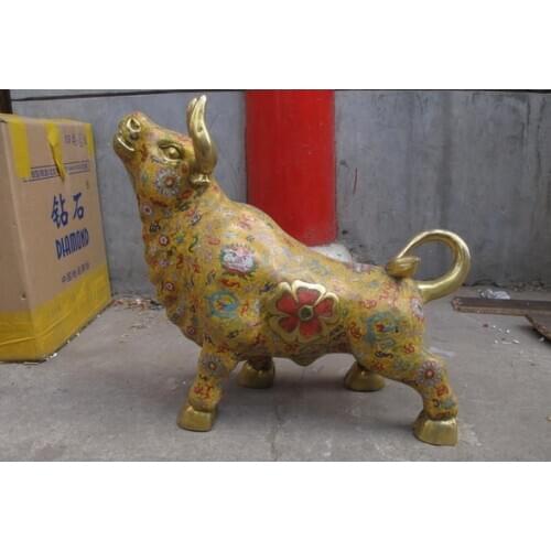 Xd 001422 China Royal 100% Pure Bronze Cloisonne Foo Dog Lion Cattle Bull Ox animal Statue