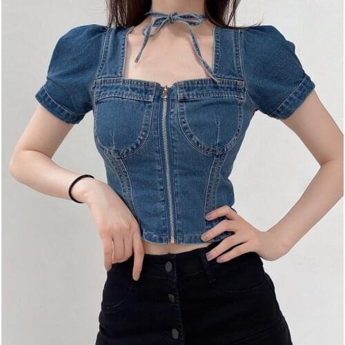 Sexy Denim Square Collar Women T-shirt Short Puff Sleeve Zipper Blue Crop Top Lace Up Slim Fit Beauty Back Summer Tops indie y2k