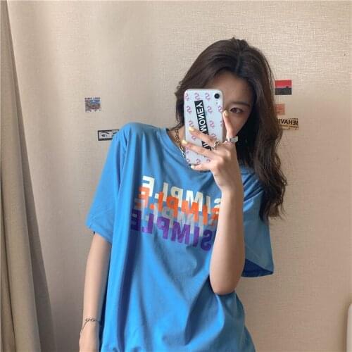 Loose Lazy Colored Letter T-shirt Womens T-shirts Tops Japanese Kawaii Ulzzang Female Korean Harajuku Clothes For Women