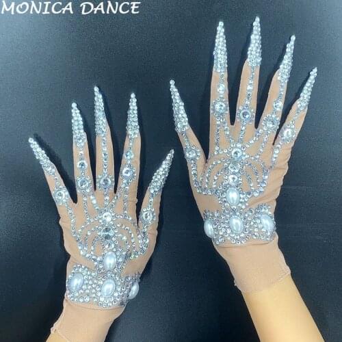 Women Sparkling Crystal Mesh Perspective Short Gloves Fashion Stretch Rhinestone Nightclub Dancer Singer Stage Accessories