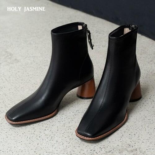 2021 Square Toe Thick Heels Women Ankle Boots Office Lady Casual Genuine Leather Boots Fashion Concise Back Zipper Shoes Woman