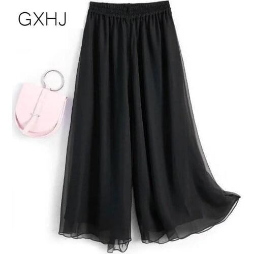 Womens Loose Summer Pants Ice Silk Ankle-Length Black Wide Leg Pants Women High Waisted Trousers plus size LHJ166