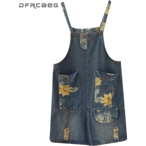 Vintage Print Flower Denim Short Jumpsuit Wide Leg Pants For Women 2021 Summer Streetwear Ladies Washed Jeans Overalls
