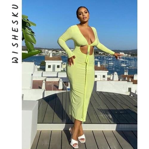 Women Summer 2021 Y2K Black Midi Dress Bandage Sexy Hollow Out Long Sleeve Gothic Bodycon Dresses Party Club Prom Night Robe