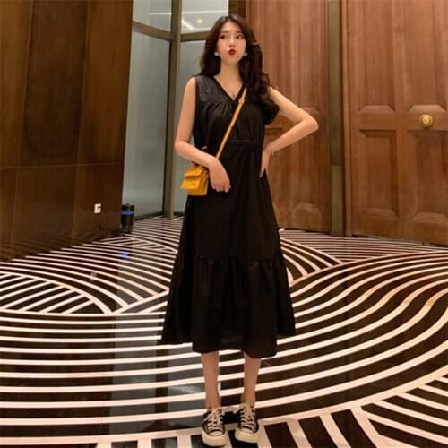 Women Summer Casual Cotton Linen Tank Dress Solid V-Neck Ruffles Long Dress Loose Elegant Party Dress Vestidos Plus Size M-7XL