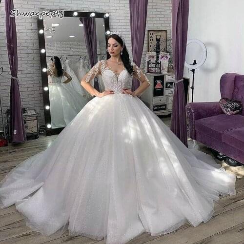 Shwaepepty Princess White Ball Gown Wedding Dress Sparkly Sequin Lace Appliqued Chapel Cathedral Bridal Dresses Vestido De Novia