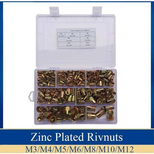 300Pcs/set M3 M4 M5 M6 M8 M10 M12 Rivet Nuts Zinc Plated Rivnuts Insert Rivet Multi Size Kit Flat Head Threaded Rivet Insert Nut