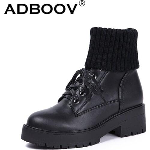 ADBOOV New Fur Lining Sock Boots Women Chunky Heels Winter Shoes Ladies