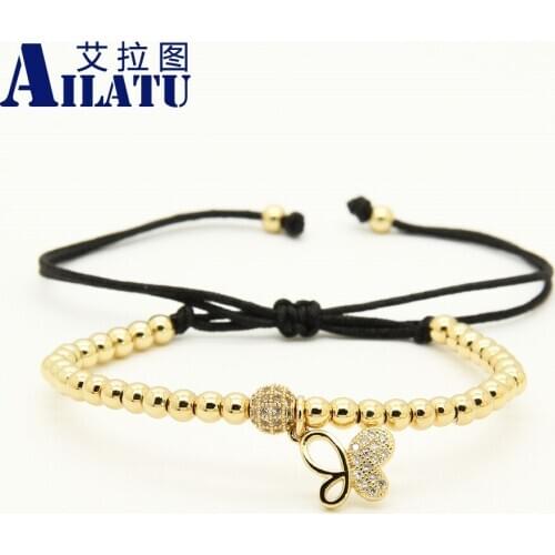 Ailatu Clear Cz Butterfly Braided Bracelet for Fine Girl and Women Charms Jewelry with 4mm Stainless Steel Beads