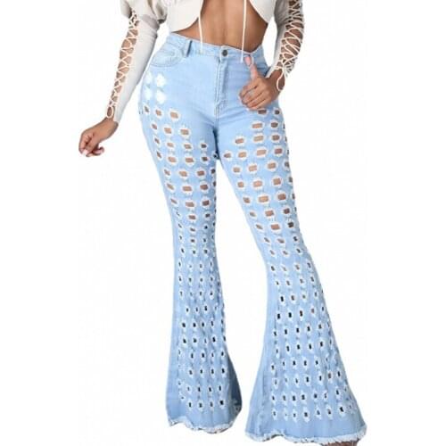 Flare Denim Pants Women Solid High Waist Pockets Trousers 2021 Fashion New Ripped Hole Hollow Sexy Streetwear Jeans With Tassel