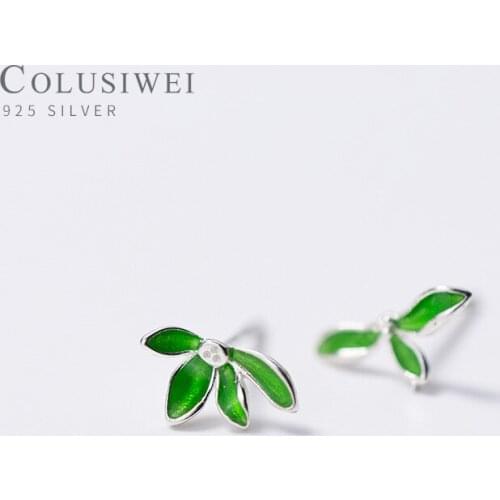 Colusiwei Authentic 925 Sterling Silver Enamel Green Tree Leaves Stud Earrings for Women Fine Silver Plant Earrings Jewelry