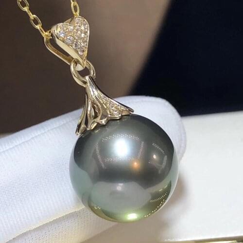 D316 Fine Jewelry 18K Gold Natural 13-14mm Ocean Tahiti Black Pearl Pendant Necklaces for Women FIne Pearls Pendants