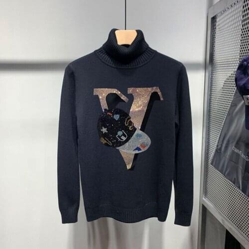 European Young Black Cashmere 100% Pullover Brand Plus Size Knitted Letters Cartoon Mens Turtleneck Sweater Warm Sweatshirt