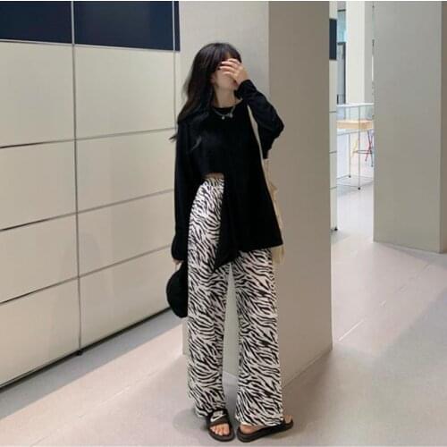 Irregular Slit T-shirt + Loose Zebra Pattern Casual Pants High Waist Straight-Leg Wide-Leg Pants Suit for Women