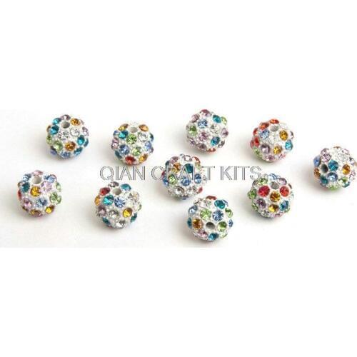 Set of 100 Pcs rainbow Pave Disco Ball Beads, Polymer Clay Rhinestone Beads, Round, Multi Colored, 10mm, Hole: 1.5mm