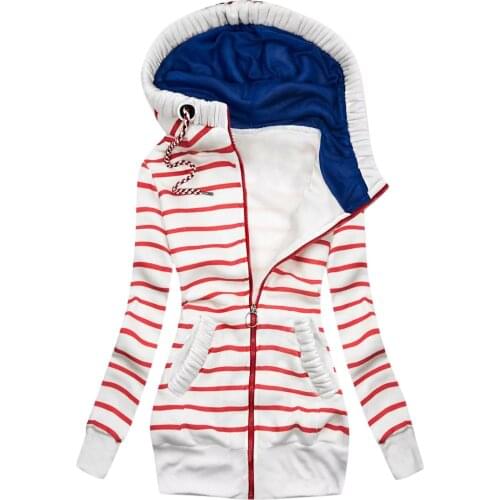2021 Winter New Hooded Sweatshirts Korean Zip Up Stripe Splicing Pullover Womens soft Thicken Pocket Tops Casual Long Sudaderas