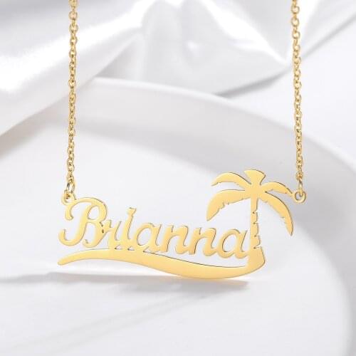 Personalized Coconut Tree Seaside Necklace Customized Names Stainless Steel Pendant Chain For Women Summer Jewelry Gift