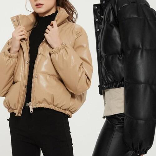 Nice Casual Woman Oversized Leather Cotton Coats New Vogue Ladies Warm Winter Stand Collar Outerwear Female Drawstring Jacket