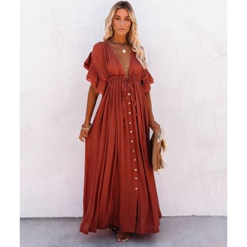 2021 Bikini Cover Up Beachwear Women Boho Tunics for Beach Short Sleeve V Neck White Beachwear Dress Swimwear Vestidos