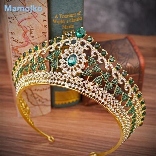 Mamojko Large Baroque Vintage Green Royal Blue Crystal Queen Crown Gold Bridal Headband Beauty Pageant Wedding Tiara for Women