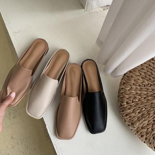 Boussac Solid Summer Beach Flat Sandals Women Vintage Square Toe Slipper Sandals Women Elegant Ladies Shoes Women SWC0735