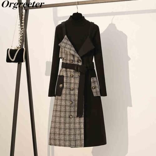 Vintage Design Tweed Patchwork Dress Two piece set Women Autumn Winter New Warm Solid Knitted Tops &Strap Dress Suit