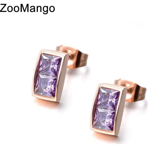 ZooMango AAA Cubic Zirconia Stud Earrings Light Purple White Crystal Stainless Steel Jewelry For Women Rhinestone CZ ZE18044