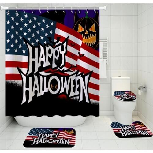 4 Pieces Happy Halloween Bath Sets American Flag Shower Curtain Home Room Toilet Mat U-shaped Pad For Bathroom Floor Rugs