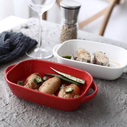 500ml Baking Dish Baked Cheese Rice Noodle Bowl Double Ears Square Ceramics Plates Bowls Oven Household Tableware