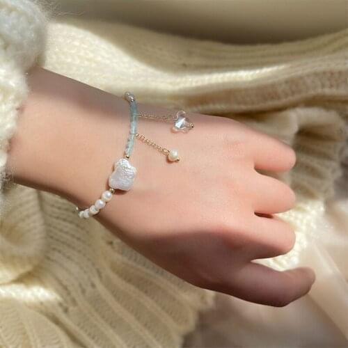 Baroque Freshwater Pearl Bracelet Butterfly Charm Mix Beads Crastal Stone Real Gold Plated Bracelets Temperament Wedding Jewelry