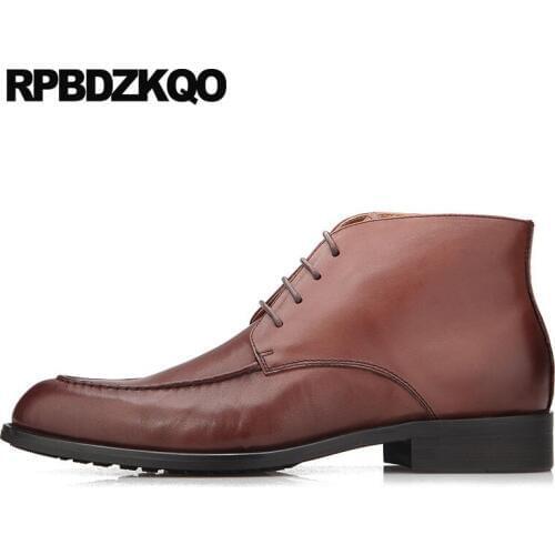Business chunky mens pointed toe dress boots fall full grain leather wedding formal booties designer brown short shoes lace up