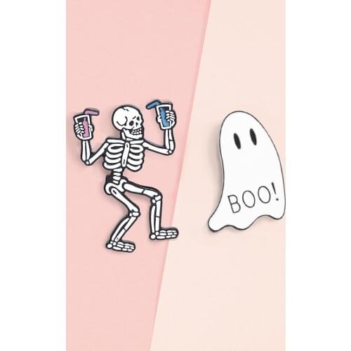 Ghost Skull Enamel Pin BOO Punk Gothic Drink Skeleton Badge Accessories Metal Lapel Pins Horror Brooch Jewelry Gifts For Friends