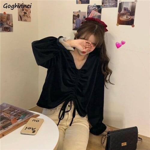 T-shirts Women Spring V-neck Black All-match Lace Up Lantern Sleeve Fashion Spring French Style Elegant Slender Solid Sweet Ins