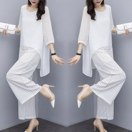 Two Piece Blouses And Pants Sets Summer Elastic Waist Stripes Chiffon Wide Leg Pants 2 Piece Set Fashion Outfits