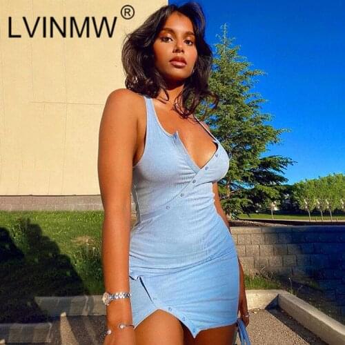 LVINMW Mini Dress Side Split Buttons Solid Fashion Slim Outfits Sleeveless V Neck Stretchy Rib Dresses Casual Summer Stretewear