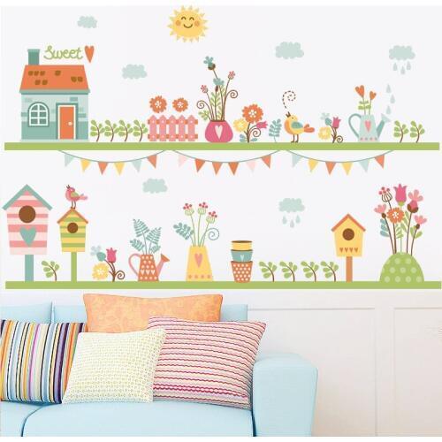 Cartoon Sun Cloud Green Bonsai Birds House Birdcage Wall Stickers Baseboard Wall Border Decals Wallpaper Poster Wall Graphics