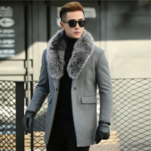 Autumn Winter Real Fox Fur Collar Wool Men Coat Korean Cashmere Jacket Mens Windbreaker Overcoat Abrigo Hombre KJ649