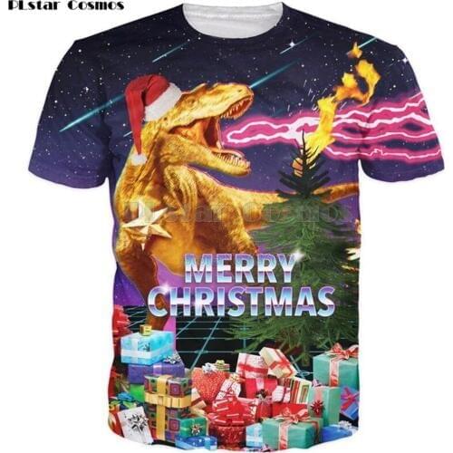 PLstar Cosmos 2018 New summer Fashion Christmas T-shirt Santasaurus Rex Print 3d tshirt Hipster Mens Womens Casual t shirt